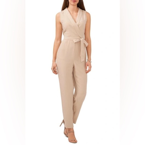 NWT Halogen Tie Waist Surplice V Neck Jumpsuit Sleeveless Oxford Tan Sz XS - Picture 1 of 14